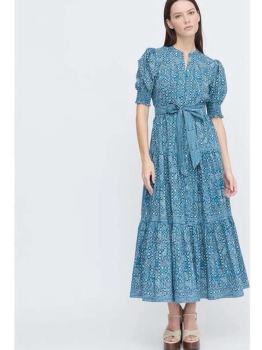 Hill House Teal-Blue Floral Tie-Waist Maxi Dress